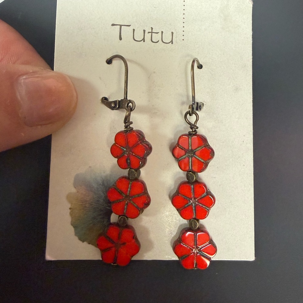 Red Floral Drop Earrings - Triple Charm Dangle